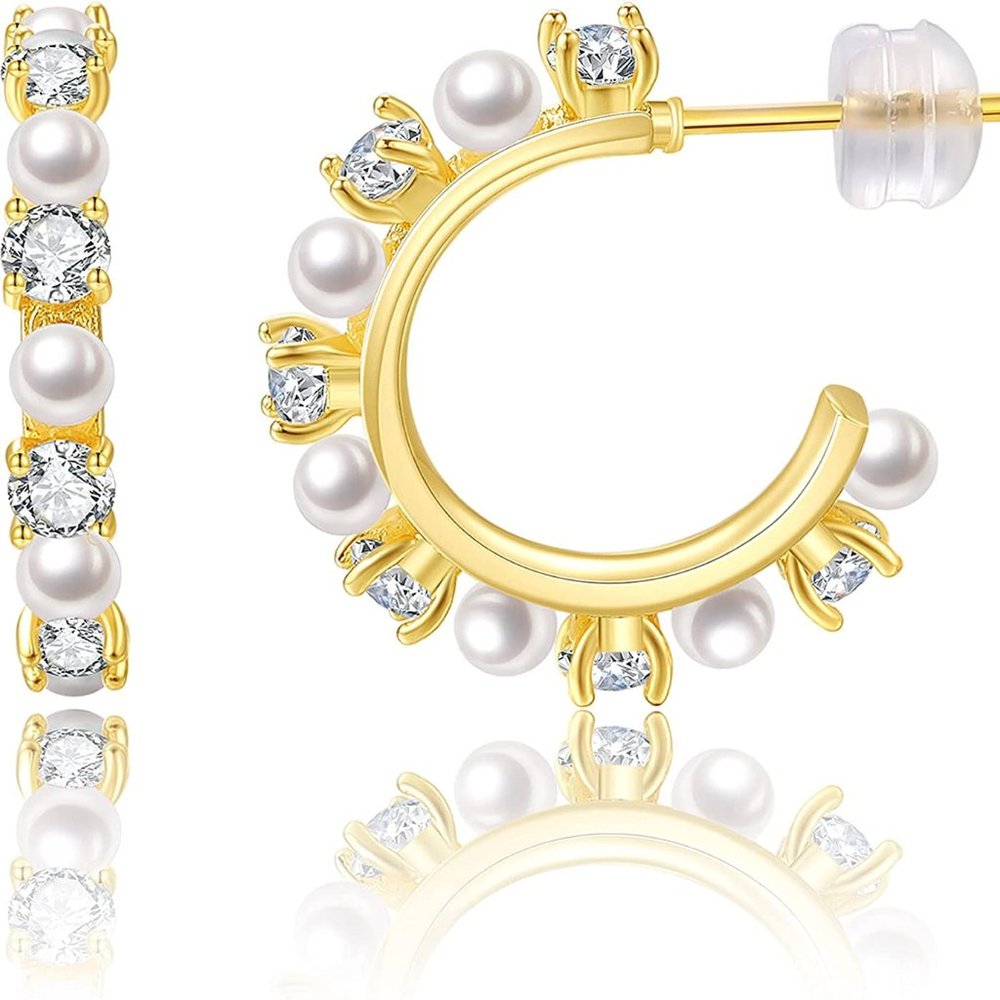 Women Small Pearl Hoop Earrings 14K Gold Plated Lightweight Open Large Circle